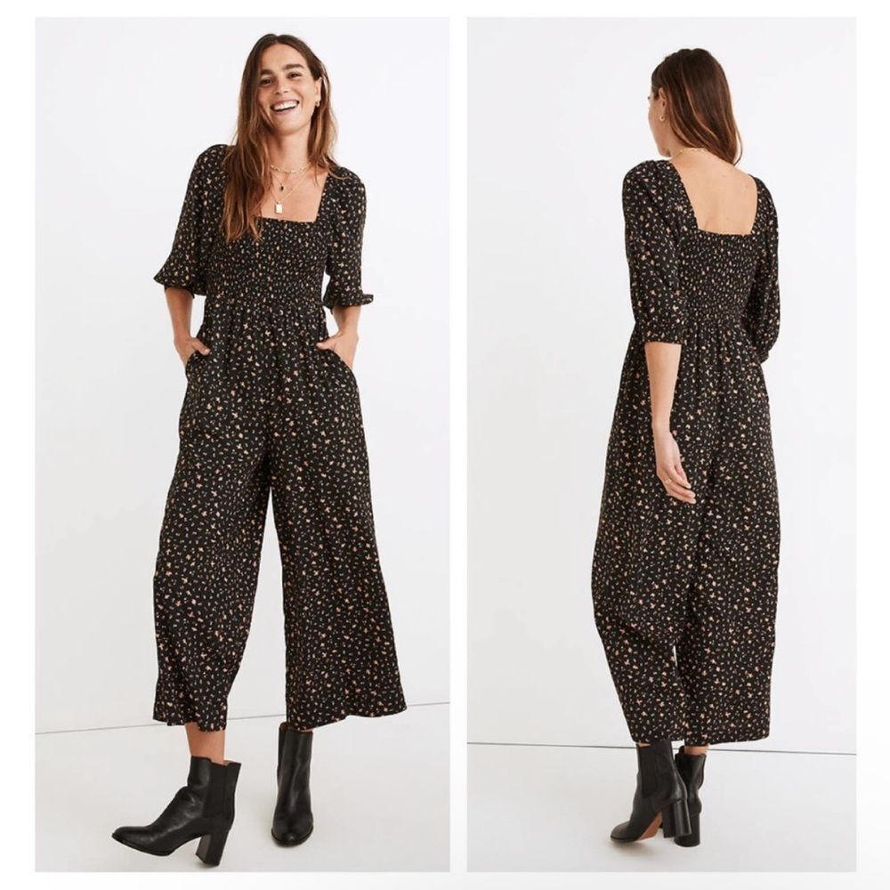 Madewell Lucie Elbow Sleeve Smocked Wide Leg Jumpsuit in Stem Scatter Size 6